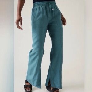 Athleta Retreat Linen High Rise Wide Leg Pant Teal Womens Size 8 Pull On Resort